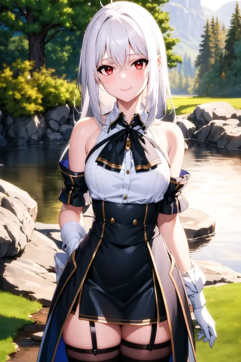 ninym  <lora:ninym_ralei:0.9>, 1girl, solo, (small breasts:1.2), (mature female:1.4), thighs, white hair,((gradient hair)),red eyes, gradient eyes, (glowing eyes:1.1), mascara, (fashion make up), black thighhighs, thigh straps, white shirt, black bowtie, white gloves, ahoge, purple sleeves, ((smile)), (outdoors:1.2), river, grass, field, tree, twilight, masterpiece, best quality, ultra-detailed, glistening shiny, glowing light, ray tracing, HDR, depth of field, (perfect face, detailed face, detailed eyes), ,8k,HD,ultra realistic face,ray tracing,perfect lighting, ultra-detailed, shiny eyes, (looking at viewer), cowboy shot, (complex background, many elements in the background:1.2),((super detailed background)), dynamic pose, ((8k wallpaper)),