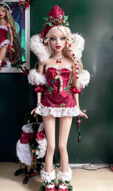 <lora:MySceneV1:0.8>   <lora:AlinaV1:0.4>  a Santa Claus girl with big detailed eyes and big lips and long white hair , wearing red white fur Christmas dress  , pale skin , Christmas tree hall background , beautiful detailed face , slim body , full body ,  green neon lights ,    (masterpiece, top quality, best quality,  beautiful and aesthetic:1.2)