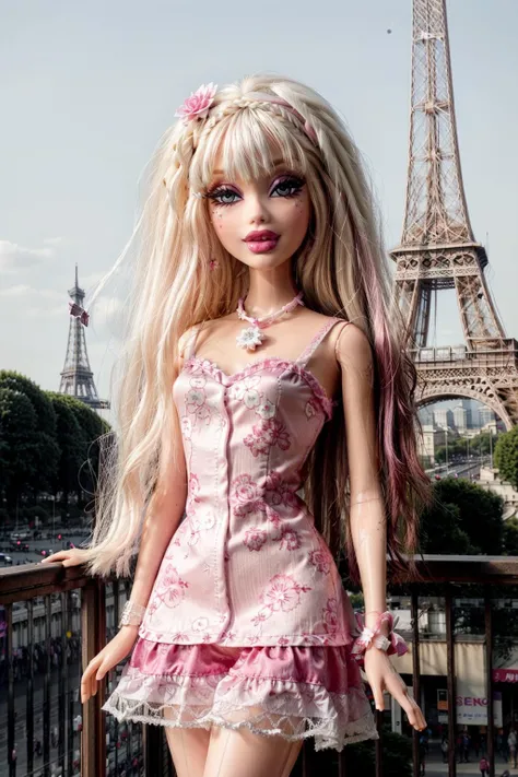 <lora:MySceneV1:0.8> <lora:AlinaV1:0.2> 1girl with detailed eyes and big lips and ((white pink long hair)) , wearing 1960s pink flower dress , cowboy shot , pale light plastic skin , paris eiffel tower background
