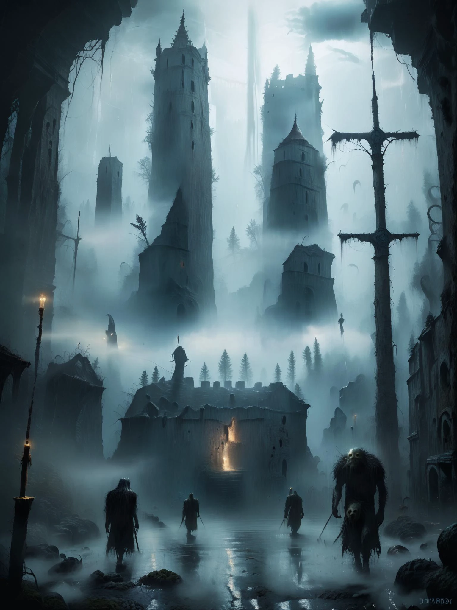(score_9_up, score_8_up:1.2), score_7_up, dark forest,monsters, raining heavily,dim light,a dark dungeon,scenery,ruins,fog <lora:nightscapes_pony:1>