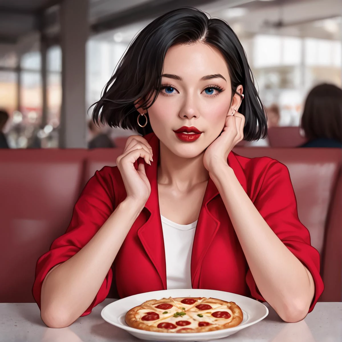 score_9,score_8_up,score_7_up,score_6_up, source_cartoon, photorealistic, black hair, hair bob, dot eyes, blue eyes, lipstick, (black vneck:1.2), red jacket, rolled up sleeves, silver ear rings, jan3TV sitting across from me in a diner, eating pizza, drinking soda, opinionated, looking at viewer,
<lora:jan3TV_PDXL:1.5>
