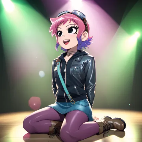 score_9, score_8_up, low light, solo, 1girl,ramona flowers, black eyes, goggles on head, jacket, black hoodie, layered clothing, jean skirt, purple pantyhose, boots, shoulder bag, sitting on the floor, arms back, laughing hard, concert, crowded,  zPDXL, source_realistic, zPDXLxxx, textured skin, skin pores, <lora:RamonaSDXL:1>, <lora:more_details:1>  <lora:xl_more_art-full_v1:1> <lora:ugly_style:-1>