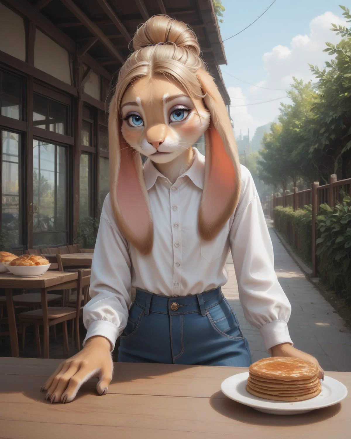 digital_media_(artwork) hi_res, (score_9, score_8_up, score_7_up, score_6_up, score_5_up, score_4_up, source_furry), zPDXL, rating_safe, (anthro, furry, textured fur, fur tufts), 1girl, rabbit girl, classy, gorgeous, lagomorph, long floppy lop ears, rabbit hands, rabbit nose, rabbit face, presenting food, pancakes, long sleeve shirt, heavy eyeliner, eyeshadow, beautiful blue eyes, sexy eyes, solo, loving gaze, soft blush, standing, detailed shadows, <lora:personalami_style_ponyXL_v1>, front view,
(Kaladae on Civitai, https://civitai.com/user/Kaladae), Too many inpaintings and manual corrections to replicate, sorry. Jackrabbit flapjacks, anyone?,