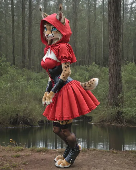 digital_media_(artwork) hi_res, (zPDXL, source_realistic, zPDXLxxx, textured fur), rating_safe, 1girl, solo, (Kaladae on Civitai, https://civitai.com/user/Kaladae), anthro, furry, (a very young beautiful lynx anthro girl), sexy hair, large sexy blue eyes, (slim, slender, small ite), very large breasts, little red riding hood outfit, shirt, skirt, corset, bracers, stockings, open-toed high-heel boots, feral toes, digitigrade, on solid ground, watching river, side view, forest background,