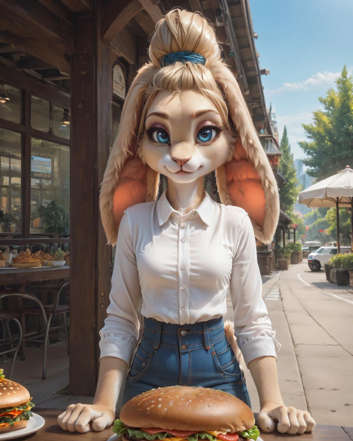 digital_media_(artwork) hi_res, (score_9, score_8_up, score_7_up, score_6_up, score_5_up, score_4_up, source_furry), zPDXL, rating_safe, (anthro, furry, textured fur, fur tufts), 1girl, rabbit girl, classy, gorgeous, lagomorph, long floppy lop ears, rabbit nose, rabbit face, long sleeve shirt, heavy eyeliner, eyeshadow, beautiful blue eyes, sexy eyes, solo, loving gaze, standing, detailed shadows, front view, <lora:fluff-kevlarPDXL>,
(Kaladae on Civitai, https://civitai.com/user/Kaladae), Too many inpaintings for this to be replicable, sorry, BUT LOOK AT THE BUNNED BUN'S BUNS.