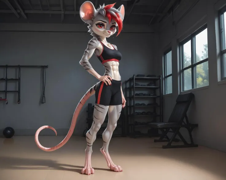 digital_media_(artwork) hi_res, ([score_9, score_8_up, score_7_up, score_6_up, score_5_up, score_4_up]), (Kaladae on Civitai, https://civitai.com/user/Kaladae), zPDXL, rating_safe, add details, <lora:thefuckingdevil_PDXL_V1>, indoors, gym, gym background, sweaty, detailed shadows, 1girl, anthro mouse girl, furry, fur tufts, textured fur, gray hair red streaks, red streaked hair, grey fur with stripes, large beautifully detailed vivid red eyes, (very slim, very slender, very petite, toned, very skinny, thin midriff), ripped abs, medium breasts, black gym shorts, woman's black exercise top, looking at viewer, bored, digitigrade, midriff, side view:0.4, SFW, // Go ahead, try to impress her. You won't.