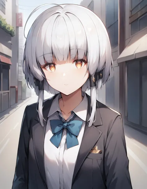 score_9, score_8_up, score_7_up, source_anime,
1girl, solo, looking at viewer, outdoors, city, upper body, street, japan, 
arcana, white hair, gold eyes, blunt bangs, hair tubes, short hair, long locks, ahoge,
school uniform, blue skirt, white shirt, bowtie, black blazer, long sleeves, walking, collarbone, pocket, collared shirt,
 <lora:arcana_anime_v3-soralz:0.9>