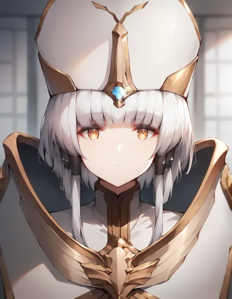 core_9, score_8_up, score_7_up, source_anime,
1girl, solo, looking at viewer, indoors, blurry background, portrait, expressionless, 
arcana, white hair, gold eyes, blunt bangs, hair tubes, short hair, long locks,
forehead jewel, face focus, white headwear,
 <lora:arcana_anime_v3-soralz:0.9>