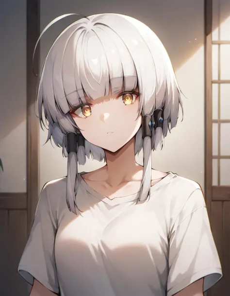 score_9, score_8_up, score_7_up, source_anime,
1girl, looking at viewer, indoors,
arcana, white hair, gold eyes, blunt bangs, hair tubes, short hair, long locks, ahoge,
casual clothes, t-shirt, skirt, collarbone, 
 <lora:arcana_anime_v3-soralz:0.9>