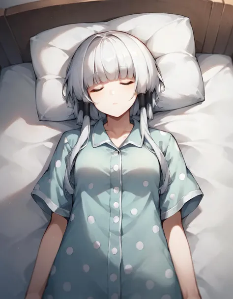 score_9, score_8_up, score_7_up, source_anime,
1girl, solo, looking at viewer, from above, bed,
arcana, white hair, blunt bangs, hair tubes, short hair, long locks,
polka dot pajamas,  sleeping, 
<lora:arcana_anime-soralz-000050:0.9>