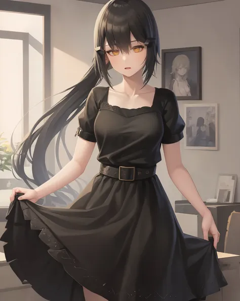 (extremely detailed CG unity 8k wallpaper),(masterpiece), (best quality), (ultra-detailed), (best illustration),(best shadow), cowboy shot, (sharp red eyeliner, eyeshadow, detailed eyes:1.1), bedroom
,BREAK
 dandedress, long ponytail, collarbone
<lora:(p)Dandelion:1>