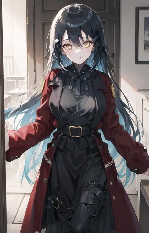 (SFW), masterpiece, best quality, highres 64k, professional artwork, famous artwork, clean, cinematic lighting, beautiful eyes + detail, beautiful hair + detail, multicolored hair, (sexy young female body:1.4), ( medium breasts, lactation), happy:1.3, smile:1.3, erotic looking at the viewer, floating hair, <lora:Dandelion:0.775>, makeup, yellow eyes, hair ornament, dande:1.3, dandedress:1.3, dandecoat:1.3, very long hair, black see-through dress, red open coat, battleship, open door, doorway, (Welcome home), <lora:seethru:0.6>