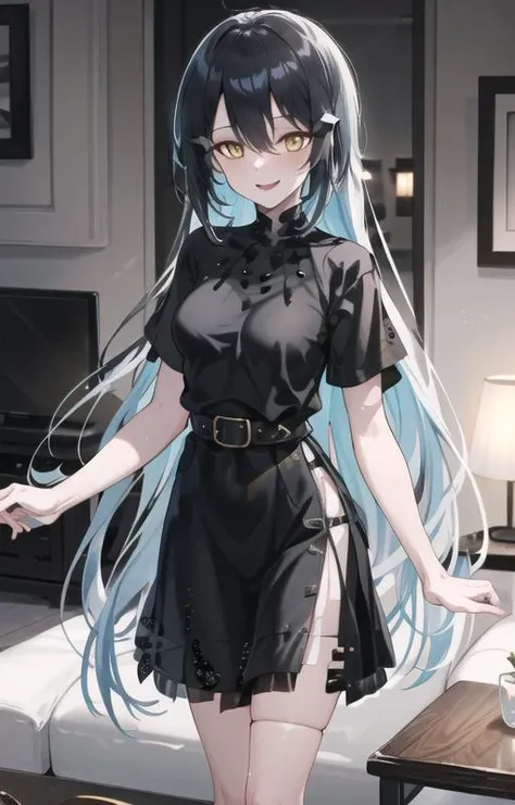 (SFW), masterpiece, best quality, highres 64k, professional artwork, famous artwork, clean, cinematic lighting, beautiful eyes + detail, beautiful hair + detail, multicolored hair, (sexy young female body:1.4), ( medium breasts, lactation), happy:1.3, smile, sexy looking at the viewer, floating hair, <lora:Dandelion:0.775>, makeup, yellow eyes, hair ornament, dande:1.3, dandedress:1.3, very long hair, black see-through dress, indoors, living room, (Welcome home), <lora:see-through leotard-000004:0.6>