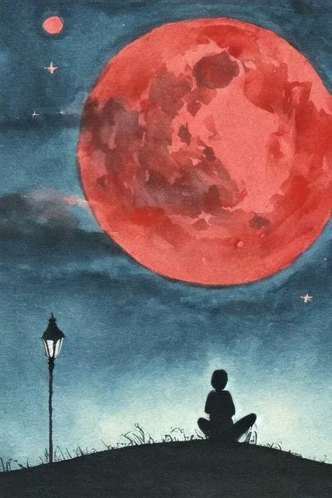 NIGHT , RED MOON AND SOME ONE LOKING AT SKY