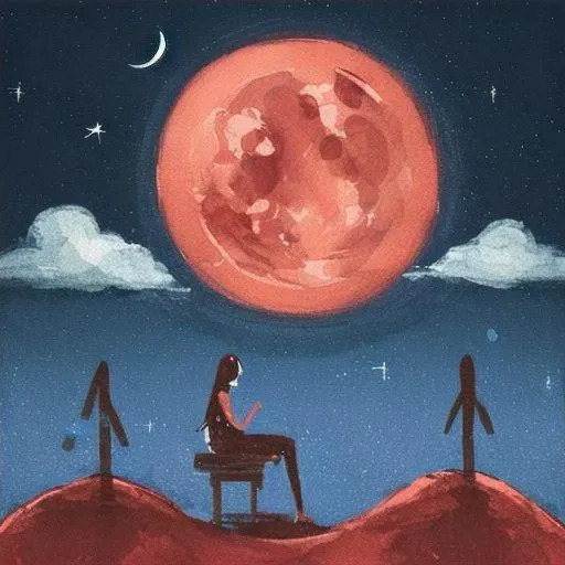 NIGHT , RED MOON AND SOME ONE LOKING AT SKY, 3MOON