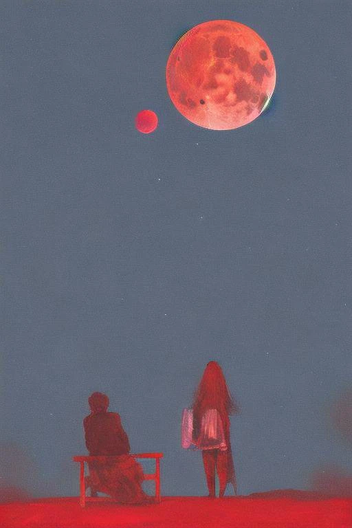 NIGHT , RED MOON AND SOME ONE LOKING AT SKY, 3MOON