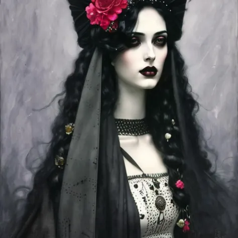 esme, A beautiful painting of a goth woman, latina, Tom Bagshaw, Loish