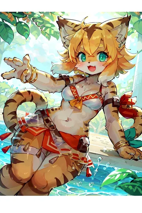 (((masterpiece))), (((best quality))), ((ultra-detailed)), (illustration), ((an extremely delicate and beautiful)),dynamic angle,floating, (beautiful detailed eyes), (detailed light) (1girl), small_breasts, floating_hair, glowing eyes, pointy_ears, white hair, green eyes,halter dress, feather, leaves, nature, (sunlight), river, (forest),(painting),(sketch),(bloom)<hypernet:furry_kemono:0.65>,<lora:mia_summer-V2.0 set = 0.8:0.8>