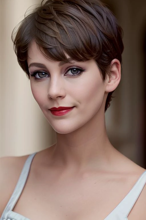 <lora:jamielc-10:0.6>, jamielc, ((short hair, pixie cut)), , photo of a woman, ((short hair, pixie cut)), ((outdoors, city)),smiling, (red lipstick, blush), ((best quality, masterpiece, extreme details, high resolution):1.2),((detailed eyes, beautiful eyes, detailed face, beautiful face):1.2), epic