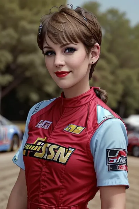 <lora:jamielc-10:0.6>, jamielc, ((short hair, pixie cut)), ,photo of a woman, ((pigtails)) , ((nascar uniform, nascar jumpsuit, racetrack, race car, outdoors)),smiling, (red lipstick, blush), ((best quality, masterpiece, extreme details, high resolution):1.2),((detailed eyes, beautiful eyes, detailed face, beautiful face):1.2)