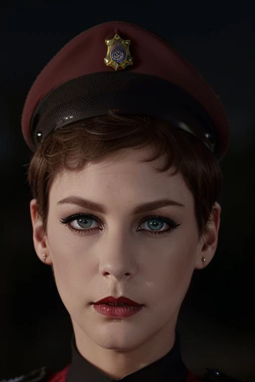 photo of a woman, <lora:jamielc-08:0.6>, jamielc, ((pale skin):1.1), ((dark brown hair, short hair, pixie cut):1.2),((police uniform, police hat, badge):1.2), ((fire, explosions, at night, outdoors):1.2),((red lipstick, eyeliner, eye shadow, blush):1.2), ((best quality, masterpiece, extreme details, high resolution):1.2),((detailed eyes, beautiful eyes, detailed face, beautiful face):1.2)