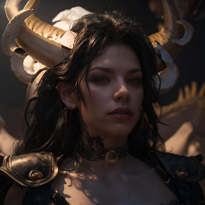 (masterpiece:1.2), (best quality,:1.2), 8k, HDR, ultra detailed, ((photorealistic)), professional light, cinematic lighting, fashion photography, ambient lighting, face lighting, Mason, <lora:Mason-10:1>, ((cowboy shot)), earrings, choker, dark makeup, long and messy hair, dynamic pose, dark elf, as Morathi, <lora:Morathi:1>, <lora:slaanesh:0.4>, horns, armor