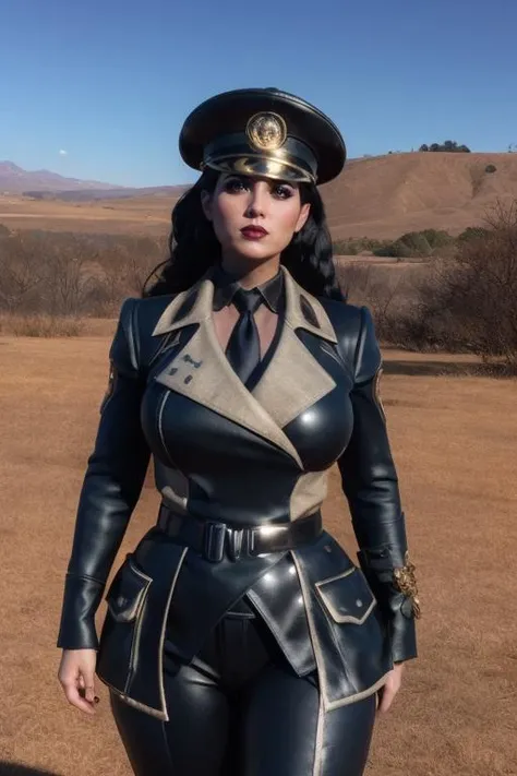 breathtaking cinematic film still posing menacingly in the chaos wastes, dark castle in background <lora:enclave15test:0.7> enclaveuni, uniform, necktie, belt, peaked cap  <lora:Morathi:0.8> morathi, curvy body, long black hair, braid, lipstick, makeup, black eyeshadow, smokey eyes, barefeet, shallow depth of field, vignette, highly detailed, high budget Hollywood movie, bokeh, cinemascope, moody, epic, gorgeous, film grain, grainy, award-winning, professional, highly detailed