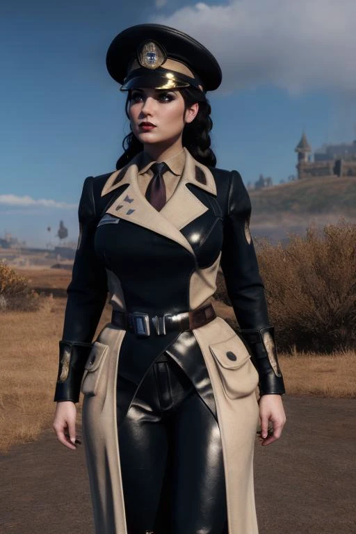 breathtaking cinematic film still posing menacingly in the chaos wastes, dark castle in background <lora:enclave15test:0.7> enclaveuni, uniform, necktie, belt, peaked cap  <lora:Morathi:0.8> morathi, curvy body, long black hair, braid, lipstick, makeup, black eyeshadow, smokey eyes, barefeet, shallow depth of field, vignette, highly detailed, high budget Hollywood movie, bokeh, cinemascope, moody, epic, gorgeous, film grain, grainy, award-winning, professional, highly detailed