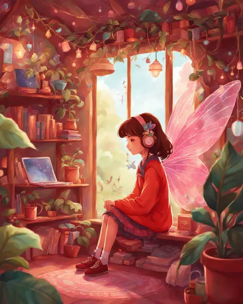 A  FairyForm Lofi Girl in her enchanted room  <lora:SDXL_Fairy_Form_LoRA:0.8>  <lora:SDXL-LofiGirl-Lora:1.0>