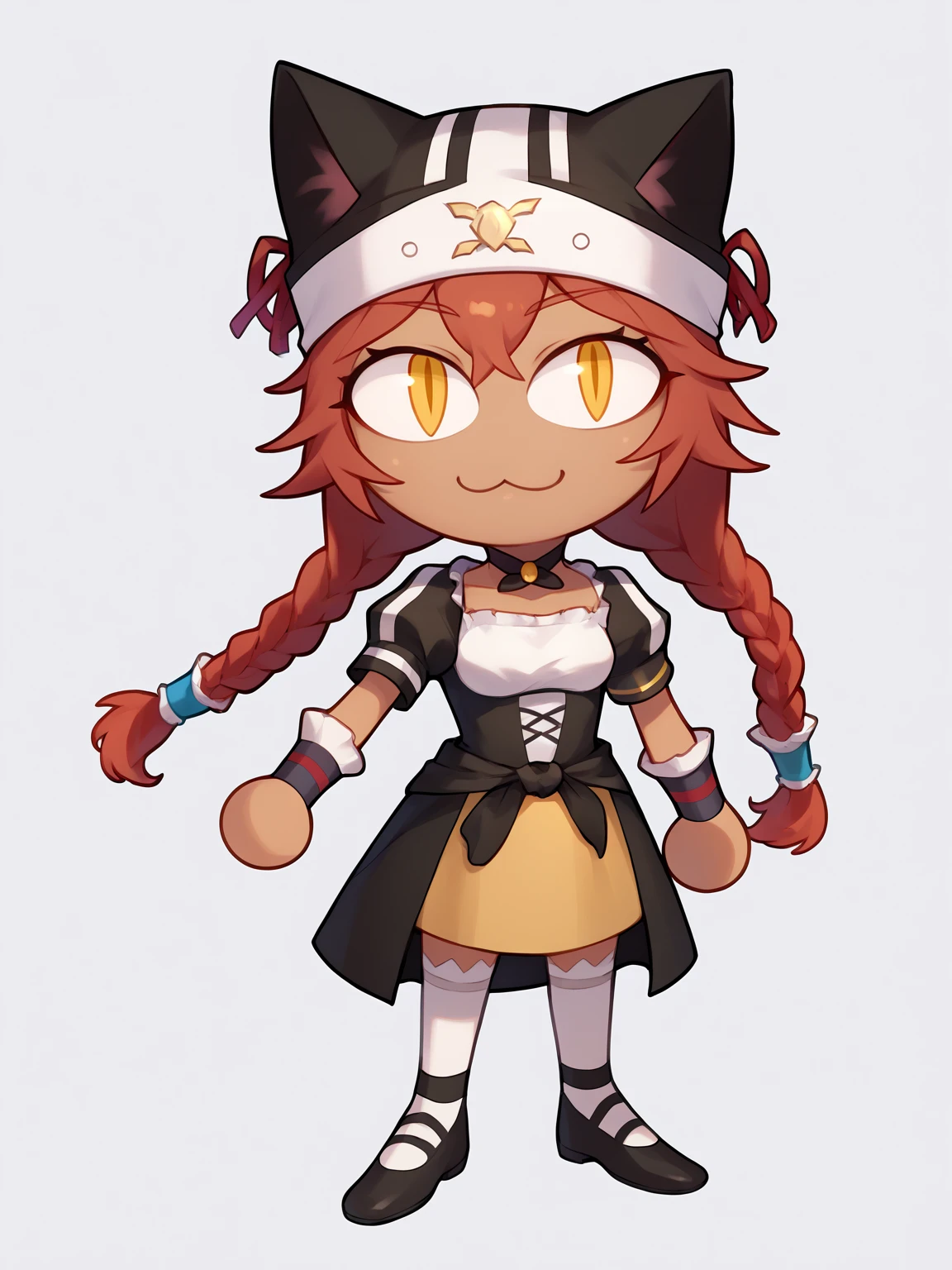 score_9, score_8_up, score_7_up, BREAK, 1girl, necoarc, cat ears,
lupusregina, red hair, long hair, twin braids, yellow eyes, dark skin, choker, dress, hat, maid, white thighhighs,
standing, chibi, slit pupils, solo, full body, white background <lora:necoarc-guy-PONY-v1:1> <lora:LupusReginaXL:1>