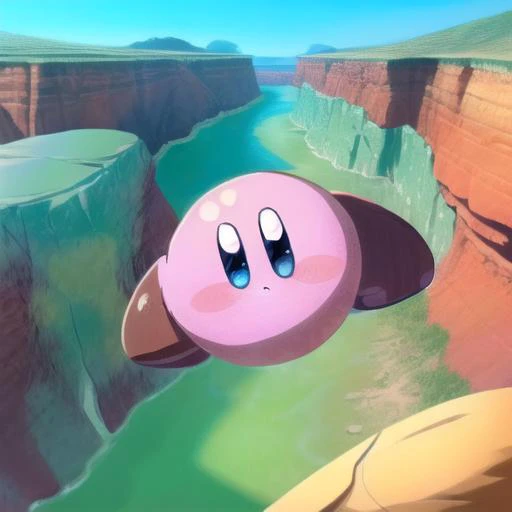 masterpiece, best quality, detailed, soft dim lighting, <lora:add_detail:1.0> add_detail, realistic,
<lora:kirby, blue eyes, smile:1.0> (kirby falling:1.3), blue eyes, falling in the deep canyon, view from the sky, down in the canyon, rocks, grass, (dry, desert:1.2),