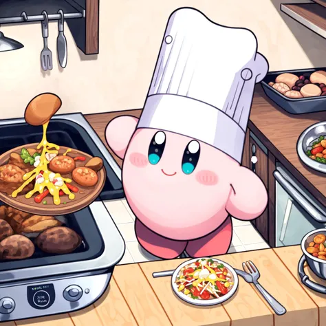 (Highest picture quality),(Master's work),kirby,blue eyes,smile, Chef hat, food, indoor, kitchen