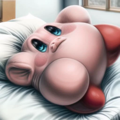 masterpiece, best quality, detailed, soft dim lighting, <lora:add_detail:1.0> add_detail, realistic,
<lora:kirby, blue eyes, smile:0.9> kirby, blue eyes, small red legs, pink skin, fat, skin folds, lying on back