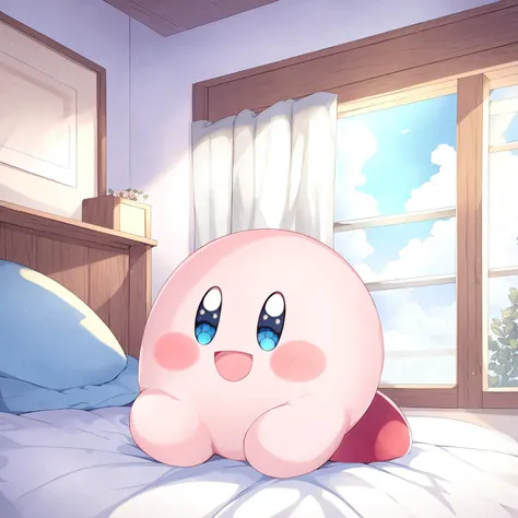 (Highest picture quality),(Master's work),kirby, blue eyes,smile, open mouth,Indoor, cloud, bed