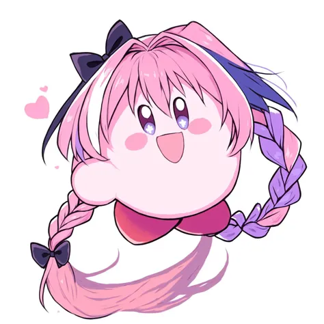 (Highest picture quality),(Master's work),kirby,purple eyes, smile, open mouth,Astolfo, long braid, braid, hair between eyes, hair bow, black bow, pink hair, single braid, long hair, hair intakes, streaked hair, hair ribbon,