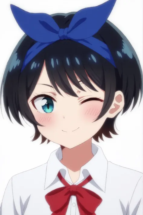 <lora:Ruka_Sarashina:0.7> ruka sarashina, 1girl, solo, looking at viewer, blush, smile, short hair, shirt, white background, ribbon, closed mouth, white shirt, hairband, one eye closed, collared shirt, portrait, blue hairband <lora:sdxl_lightning_4step_lora:1>,