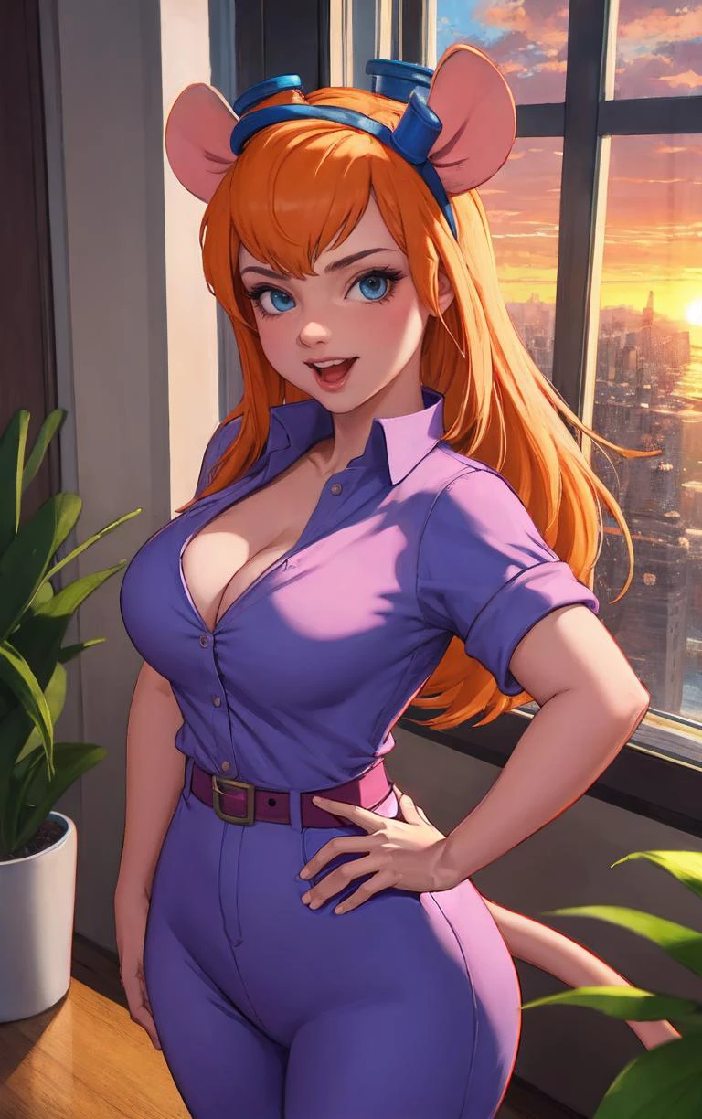 CARTOON_gadget_hackwrench_ownwaifu,
1girl, furry female, long hair, orange hair, blue eyes, bangs, sidelocks, buck teeth, animal ears, mouse ears, animal nose, mouse tail, body fur, tail, goggles, goggles on head, eyewear on head, breasts, medium breasts,
cleavage, jumpsuit, purple dress, collared shirt, short sleeves, sleeves rolled up, belt, pants,
<lora:CARTOON_gadget_hackwrench_ownwaifu:0.7> ,
((masterpiece)),((best quality)),(highres, absurdres), original, official_art, chromatic_aberration, bokeh, depth_of_field, skyline, cloudy_sky, sunset, indoors, window_shade, potted_plant, hanging_plant, focused, looking at viewer, solo, cowboy shot,