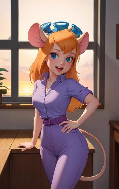 CARTOON_gadget_hackwrench_ownwaifu,
1girl, furry female, long hair, orange hair, blue eyes, bangs, sidelocks, buck teeth, animal ears, mouse ears, animal nose, mouse tail, body fur, tail, goggles, goggles on head, eyewear on head, breasts, medium breasts,
cleavage, jumpsuit, purple dress, collared shirt, short sleeves, sleeves rolled up, belt, pants,
<lora:CARTOON_gadget_hackwrench_ownwaifu:1> ,
((masterpiece)),((best quality)),(highres, absurdres), original, official_art, chromatic_aberration, bokeh, depth_of_field, window, wisteria, loaded_interior, skylight, sunset, indoors, window_shade, potted_plant, focused, looking at viewer, solo, cowboy shot,
