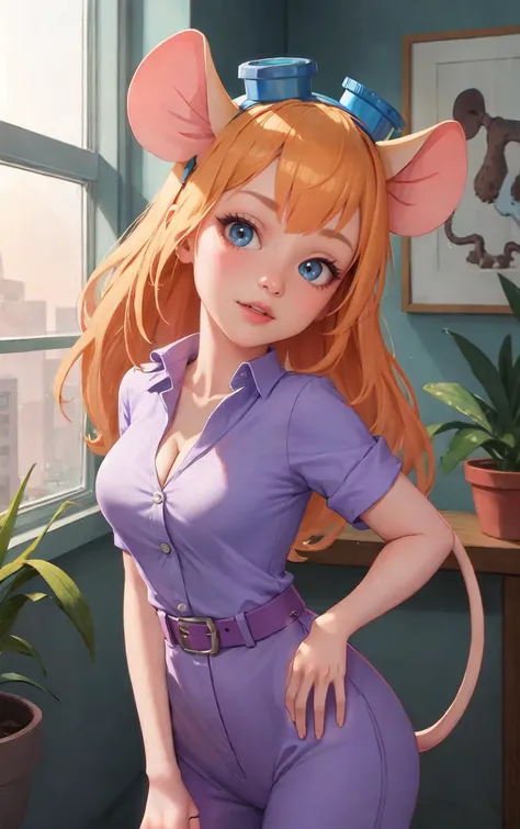 CARTOON_gadget_hackwrench_ownwaifu,
1girl, furry female, long hair, orange hair, blue eyes, bangs, sidelocks, buck teeth, animal ears, mouse ears, animal nose, mouse tail, body fur, tail, goggles, goggles on head, eyewear on head, breasts, medium breasts,
cleavage, jumpsuit, purple dress, collared shirt, short sleeves, sleeves rolled up, belt, pants,
<lora:CARTOON_gadget_hackwrench_ownwaifu:0.7> ,
((masterpiece)),((best quality)),(highres, absurdres), original, official_art, chromatic_aberration, bokeh, depth_of_field, window, wisteria, loaded_interior, skylight, sunset, indoors, window_shade, potted_plant, focused, looking at viewer, solo, cowboy shot,