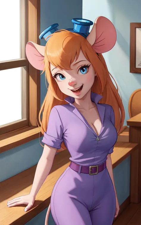 CARTOON_gadget_hackwrench_ownwaifu,
1girl, furry female, long hair, orange hair, blue eyes, bangs, sidelocks, buck teeth, animal ears, mouse ears, animal nose, mouse tail, body fur, tail, goggles, goggles on head, eyewear on head, breasts, medium breasts,
cleavage, jumpsuit, purple dress, collared shirt, short sleeves, sleeves rolled up, belt, pants,
<lora:CARTOON_gadget_hackwrench_ownwaifu:0.9> ,
((masterpiece)),((best quality)),(highres, absurdres), original, official_art, chromatic_aberration, bokeh, depth_of_field, window, wisteria, loaded_interior, skylight, sunset, indoors, window_shade, potted_plant, focused, looking at viewer, solo, cowboy shot,