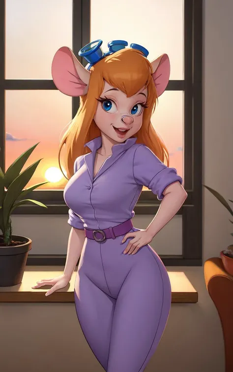 CARTOON_gadget_hackwrench_ownwaifu,
1girl, furry female, long hair, orange hair, blue eyes, bangs, sidelocks, buck teeth, animal ears, mouse ears, animal nose, mouse tail, body fur, tail, goggles, goggles on head, eyewear on head, breasts, medium breasts, 
cleavage,  jumpsuit, purple dress, collared shirt, short sleeves, sleeves rolled up, belt, pants, 
<lora:CARTOON_gadget_hackwrench_ownwaifu:1> ,
((masterpiece)),((best quality)),(highres, absurdres), original, official_art, chromatic_aberration, bokeh, depth_of_field, window, wisteria, loaded_interior, skylight, sunset, indoors, window_shade, potted_plant, focused, looking at viewer, solo, cowboy shot,