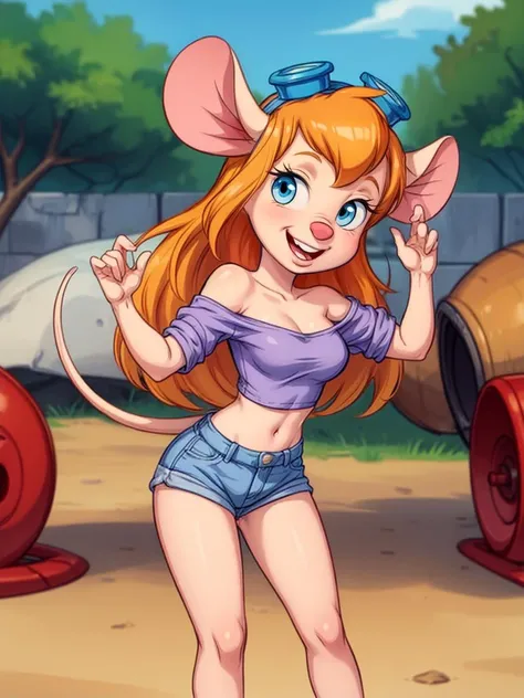 best quality, masterpiece, CARTOON_gadget_hackwrench_ownwaifu,
1girl, furry female, long hair, orange hair, blue eyes, bangs, sidelocks, buck teeth, animal ears, mouse ears, animal nose, mouse tail, body fur, tail, goggles, goggles on head, eyewear on head, flat torso, full naked body, pussy, full body view, squatting, nude torso, cum, back view, small ass, anus, sitting on big dildo in ass