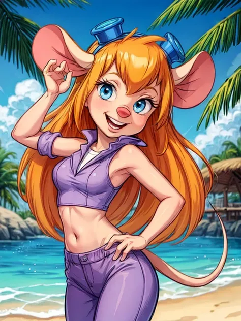 score_9, score_8, score_7, score_6, ((( short girl))), masterpiece, best quality, ultra-detailed, illustration, beautiful detailed eyes, 1girl, cute girl, detailed beach scenery, wavy hair, tight yellow croptop, , thin belly, yellow shorts, gentle smile, nipples, shy mouse tail, , underboob,Gadget, Cartoon,AddXL, crotch, pull down shorts, pussy, pussy viewed