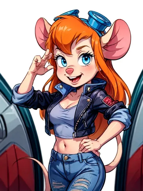 best quality, masterpiece, <lora:CARTOON_gadget_hackwrench_ownwaifu:0.8> CARTOON_gadget_hackwrench_ownwaifu,
1girl, furry female, long hair, orange hair, blue eyes, bangs, sidelocks, buck teeth, animal ears, mouse ears, animal nose, mouse tail, body fur, tail, goggles, goggles on head, eyewear on head, medium breasts, (wears a punk rock ensemble with studded leather jacket and ripped jeans at an underground club:1.1) Hands on Face Pose, Draws attention to facial expressions and adds drama <lora:add_detail:1>