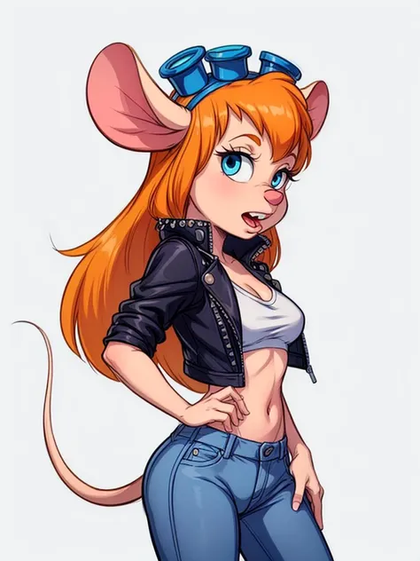 best quality, masterpiece,  <lora:CARTOON_gadget_hackwrench_ownwaifu:0.8> CARTOON_gadget_hackwrench_ownwaifu,
1girl, furry female, long hair, orange hair, blue eyes, bangs, sidelocks, buck teeth, animal ears, mouse ears, animal nose, mouse tail, body fur, tail, goggles, goggles on head, eyewear on head, medium breasts,  (wears a vibrant tutu skirt performing a ballet move in a modern dance studio:1.1)    Standing on Tiptoes Pose, Lengthens the legs and adds gracefulness  <lora:add_detail:1>