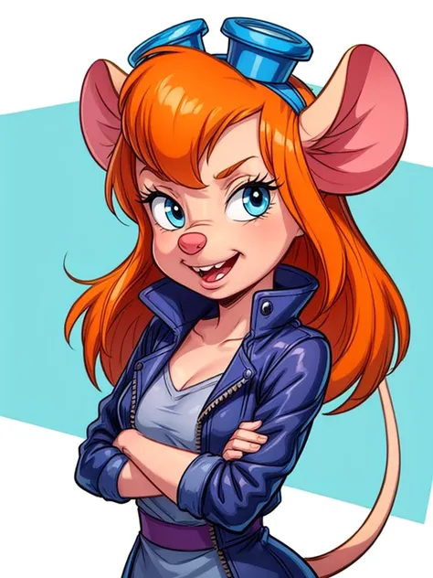 best quality, masterpiece,  <lora:CARTOON_gadget_hackwrench_ownwaifu:0.8> CARTOON_gadget_hackwrench_ownwaifu,
1girl, furry female, long hair, orange hair, blue eyes, bangs, sidelocks, buck teeth, animal ears, mouse ears, animal nose, mouse tail, body fur, tail, goggles, goggles on head, eyewear on head, medium breasts,  (wears a vibrant tutu skirt performing a ballet move in a modern dance studio:1.1)    Standing on Tiptoes Pose, Lengthens the legs and adds gracefulness  <lora:add_detail:1>