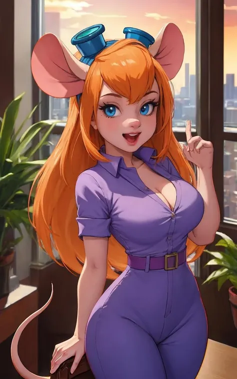 CARTOON_gadget_hackwrench_ownwaifu,
1girl, furry female, long hair, orange hair, blue eyes, bangs, sidelocks, buck teeth, animal ears, mouse ears, animal nose, mouse tail, body fur, tail, goggles, goggles on head, eyewear on head, breasts, medium breasts, 
cleavage,  jumpsuit, purple dress, collared shirt, short sleeves, sleeves rolled up, belt, pants, 
<lora:CARTOON_gadget_hackwrench_ownwaifu:0.8> ,
((masterpiece)),((best quality)),(highres, absurdres), original, official_art, chromatic_aberration, bokeh, depth_of_field, skyline, cloudy_sky, sunset, indoors, window_shade, potted_plant, hanging_plant, focused, looking at viewer, solo, cowboy shot,