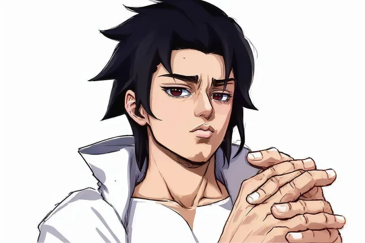 Shirtless man leaning against camera, Itachi uchiha, Itachi, Uchiha Itachi, corpo detalhado, (rosto detalhado), olhos pretos, boca fechada com um pequeno sorriso sedutor.