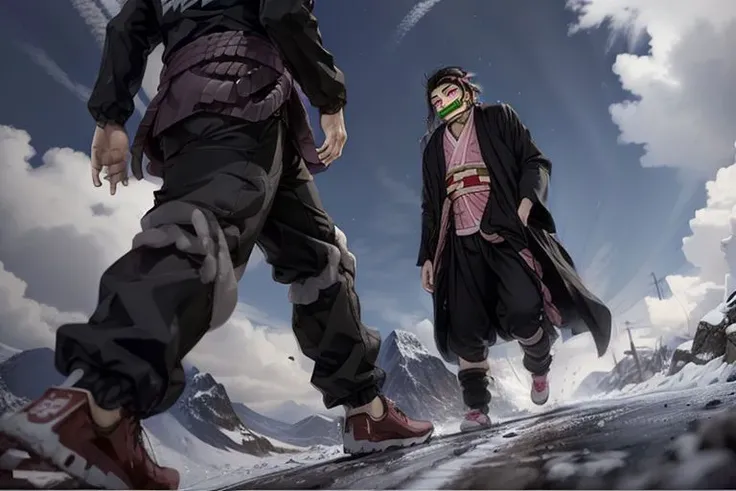 uchske man walking to, black hair, black coat, <lora:UchihaSasuke:0.7>,kamado nezuko, bit gag, gagged, pink eyes, <lora:kamado_nezuko_offset:0.7><lyco:jojoclasped:1.0>