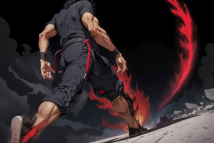 uchske man walking to, black hair, man santing, red aura, Highly detailed, High Quality, Masterpiece, beautiful, emphasis_lines, <lora:UchihaSasuke:0.7> <lora:Jojowalk-v2-step00000700:1>